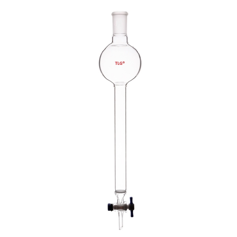 Chromatography Column, With Reservoir, With Fritted Disc, with 24/40 outer joint, PTFE Stopcock bore 2mm, Column O.D 26mm, Column I.D. 20mm, Effective length 8inch/203mm, Capacity 250mL