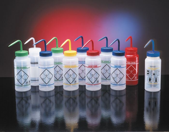 Labelled Wash Bottles, Wide Neck, For Use with- Isopropanol, Stopper color- Yellow, Capacity- 500ml