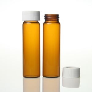 EPA/VOA Vials Opening, Capacity 20mL, Size 27x57mm, Amber Glass, Includes white open-top polypropylene caps with PTFE/silicone septa