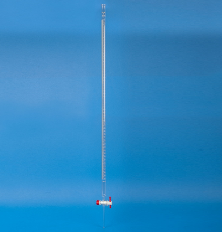 Micro-précision, burette avec robinet à clé en PTFE à alésage droit, 5 ml, tolérance ±0,01, intervalle de graduation 0,01, classe A