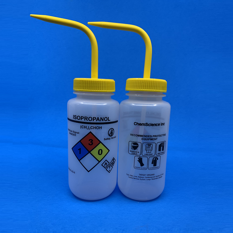 Labelled Wash Bottles, Wide Neck, For Use with- Sodium Hypochlorite, Stopper color- Yellow, Capacity- 500ml