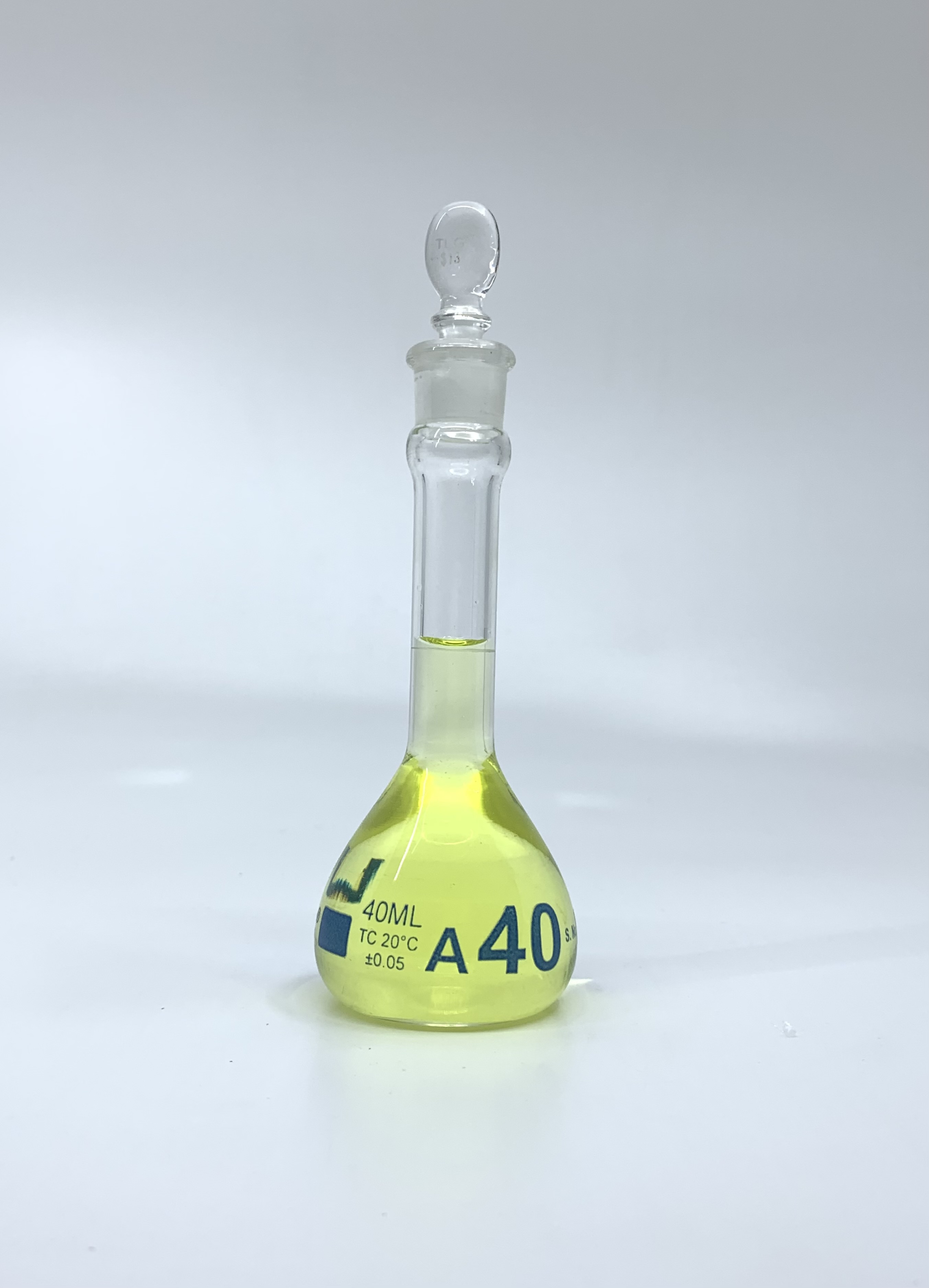 Volumetric Flask, 40mL, Serialized and Certified, Heavy Duty, Wide Mouth, Clear, Glass Stopper# 13, Class A, As Per USP Standards