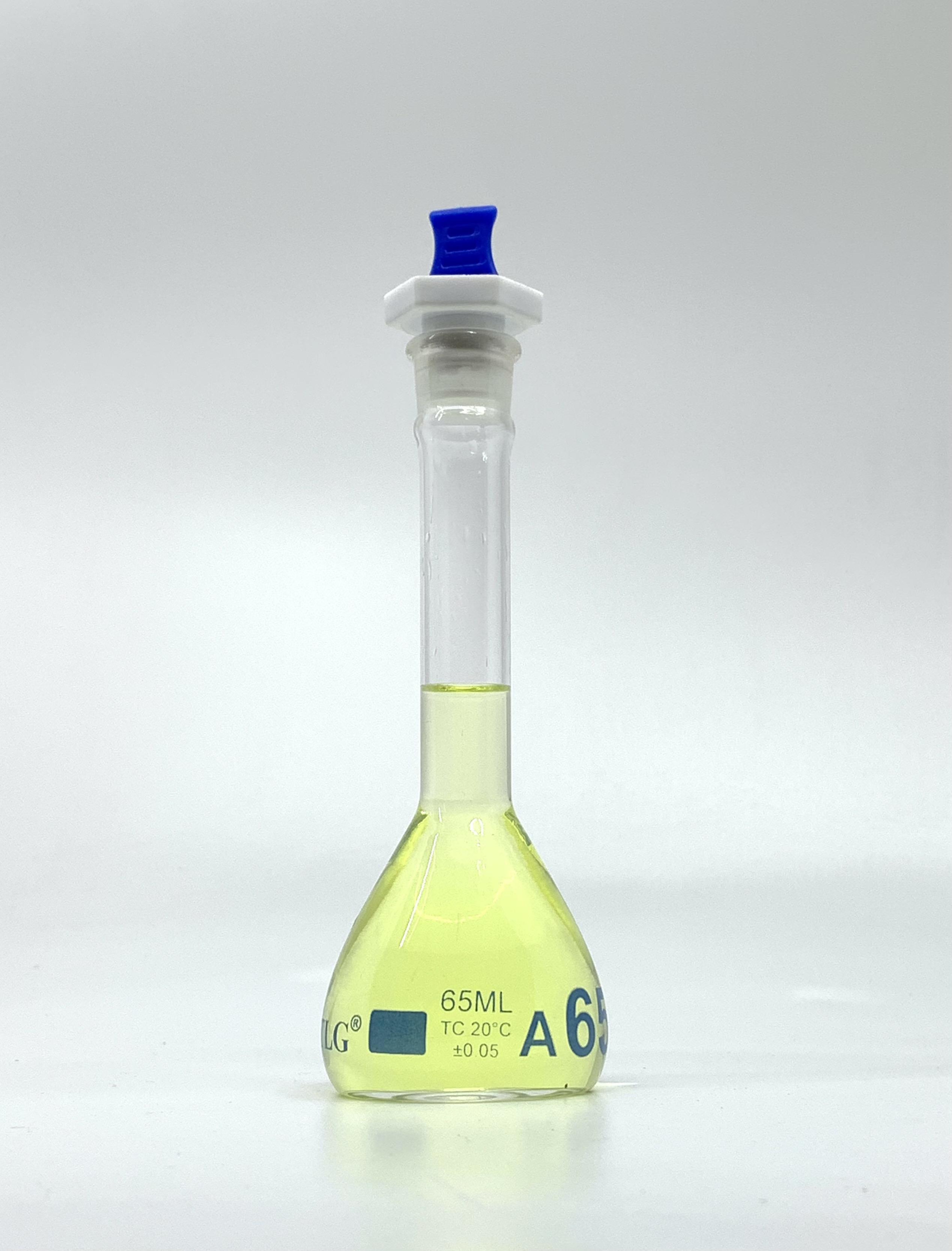 Volumetric Flask, 65mL, Heavy Duty, Wide Mouth, Clear, PE Stopper# 16, Class A, As Per USP Standards