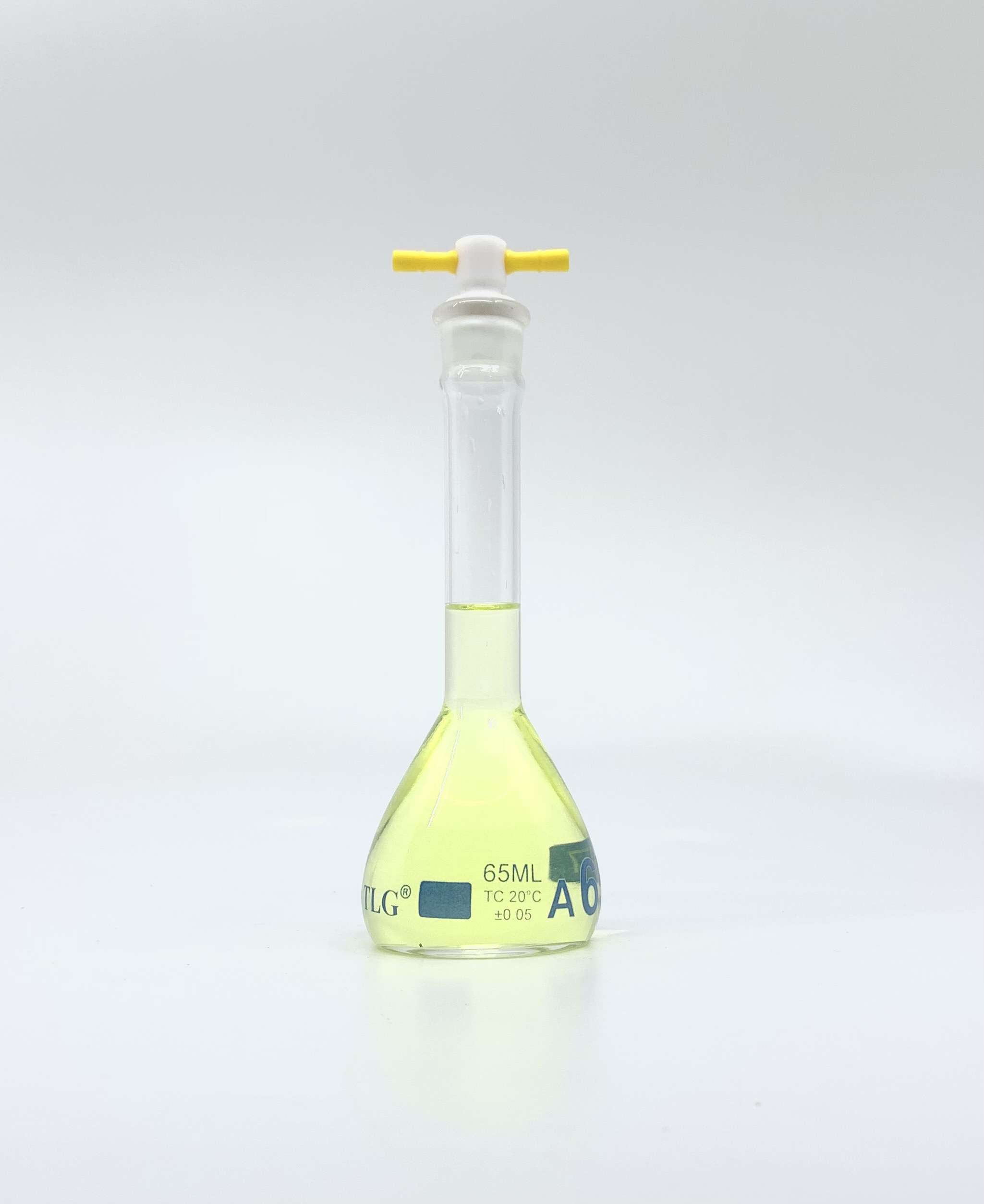Volumetric Flask, 65mL, Serialized and Certified, Heavy Duty, Wide Mouth, Clear, PTFE Stopper# 16, Class A, As Per USP Standards