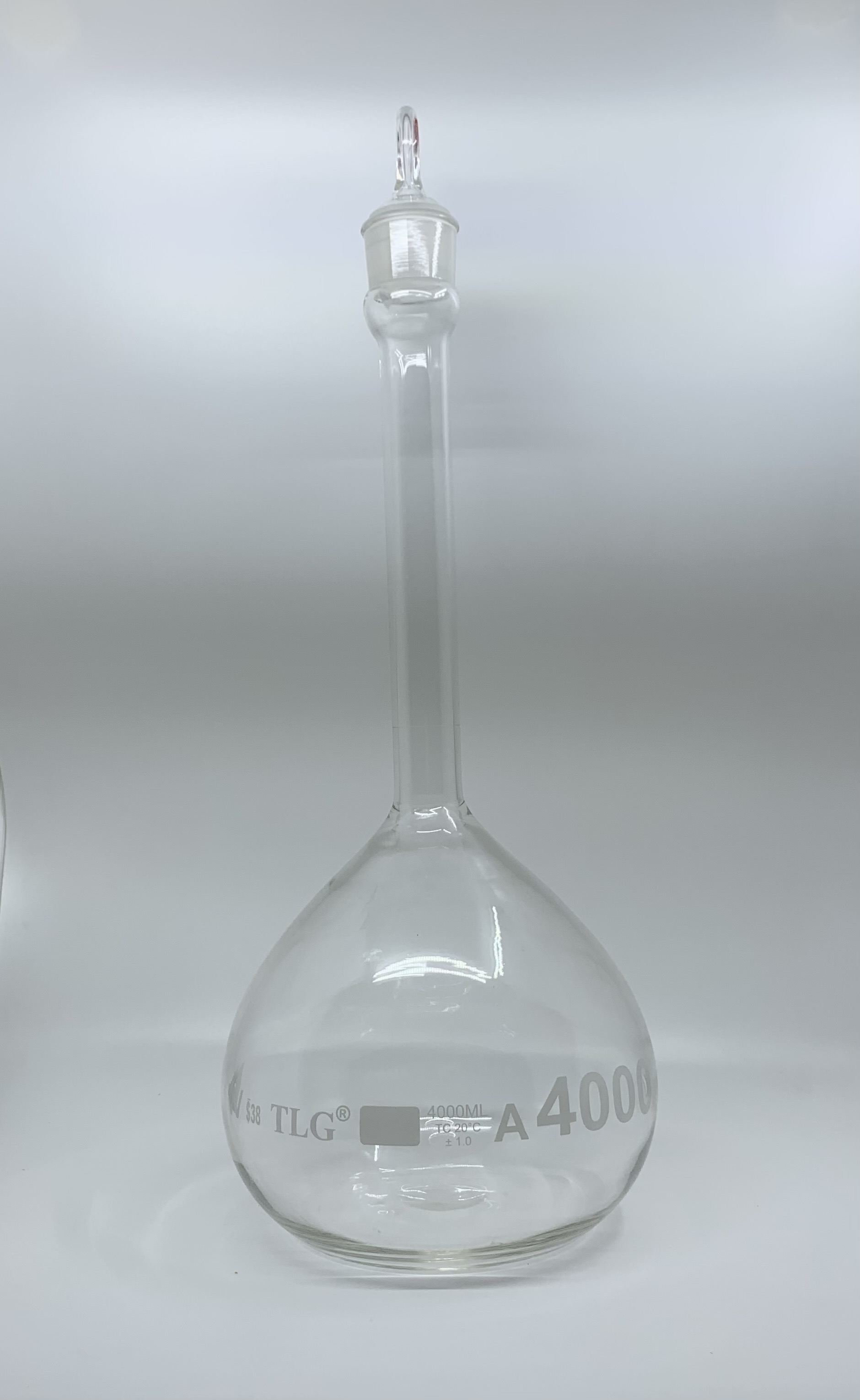 Volumetric Flask, 4000mL, Serialized and Certified, Heavy Duty, Wide Mouth, Clear, Glass Stopper# 38, Class A, As Per USP Standards