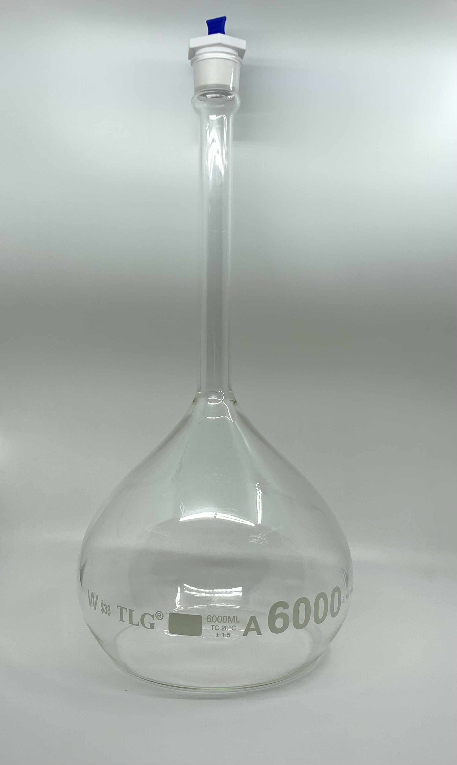 Volumetric Flask, 6000mL, Serialized and Certified, Heavy Duty, Wide Mouth, Clear, PTFE Stopper# 38, Class A, As Per USP Standards