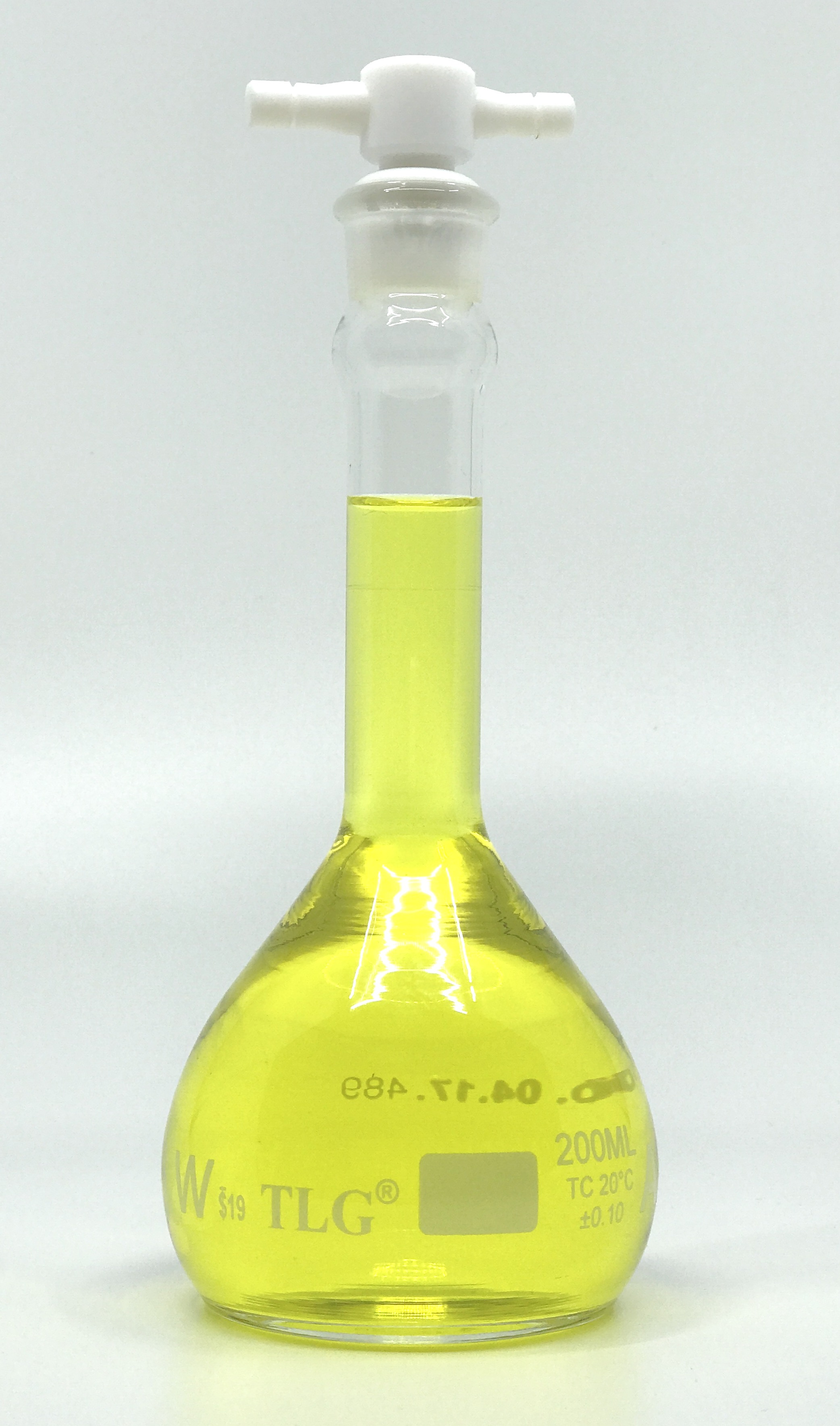 Fiole jaugée, 200 ml, robuste, à large ouverture, transparente, bouchon en PTFE n° 19, classe A, selon les normes USP