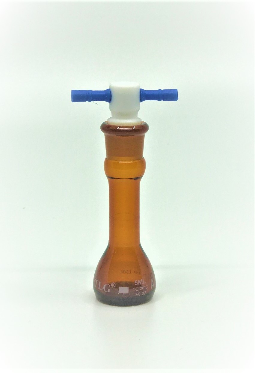 Serialized and Certified Volumetric Flask, Low Actinic Amber, 5mL, Wide Mouth, PTFE Stopper#13, Class A, As Per USP Standards