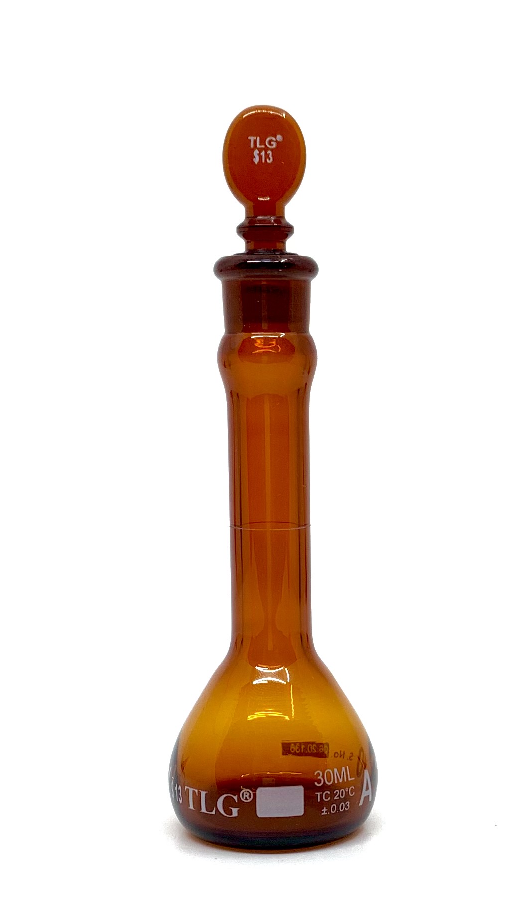 Serialized and Certified Volumetric Flask, Low Actinic Amber, 30mL, Wide Mouth, Glass Stopper#13, Class A, As Per USP Standards