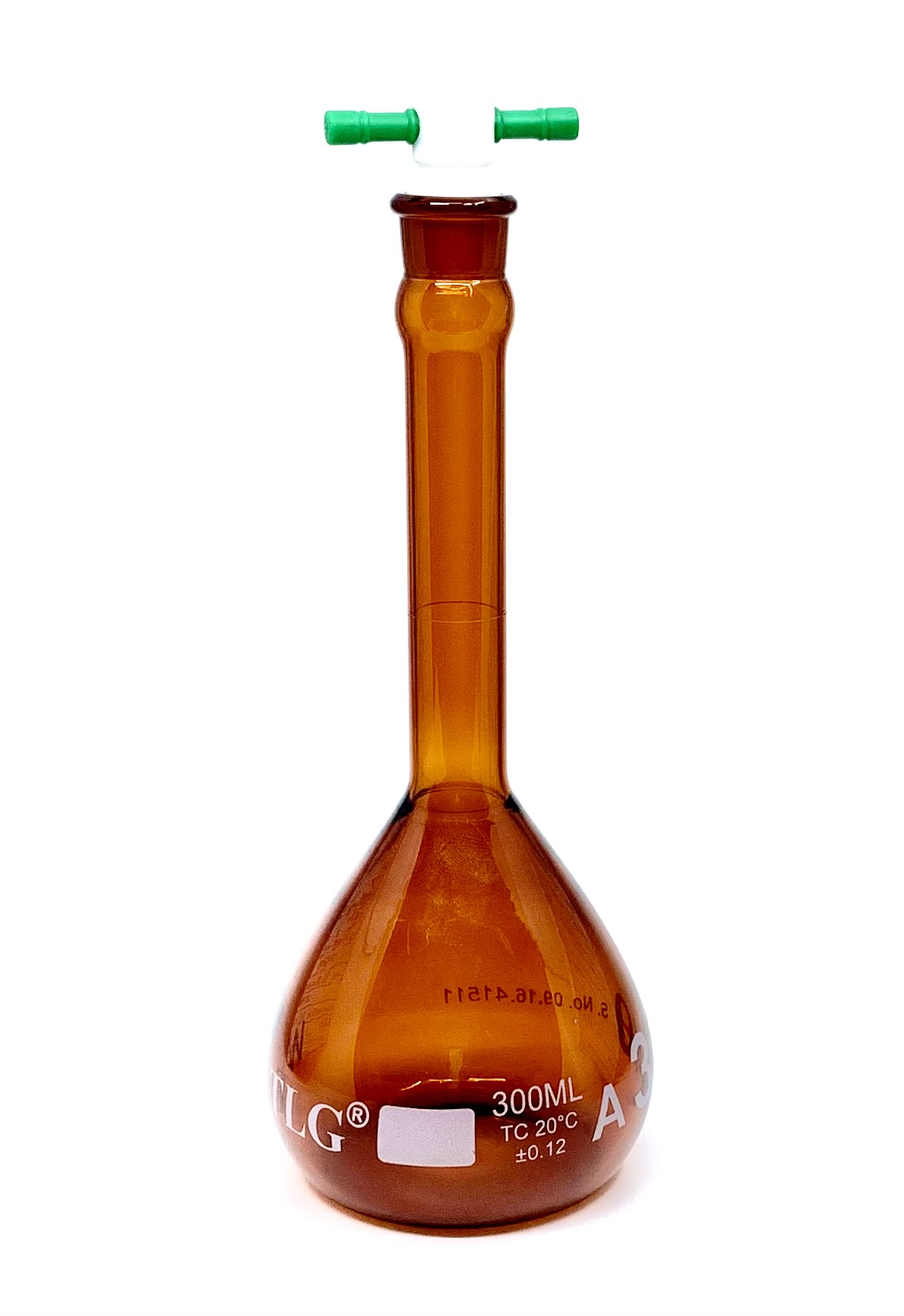 Serialized and Certified Volumetric Flask, Low Actinic Amber, 30mL, Wide Mouth, PTFE Stopper#13, Class A, As Per USP Standards