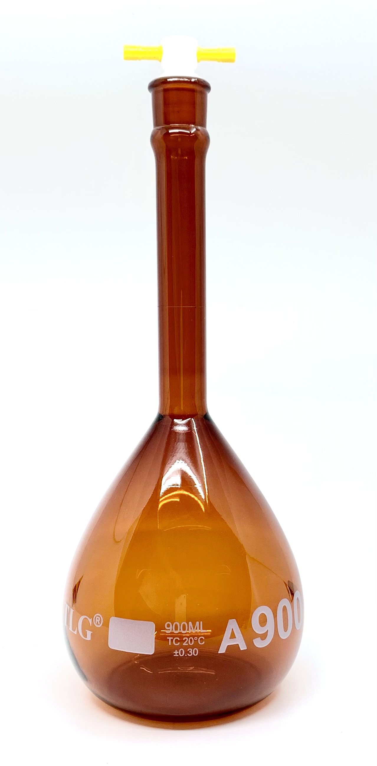 Volumetric Flask, Low Actinic Amber, 900mL, Wide Mouth, PTFE Stopper#22, Class A, As Per USP Standards