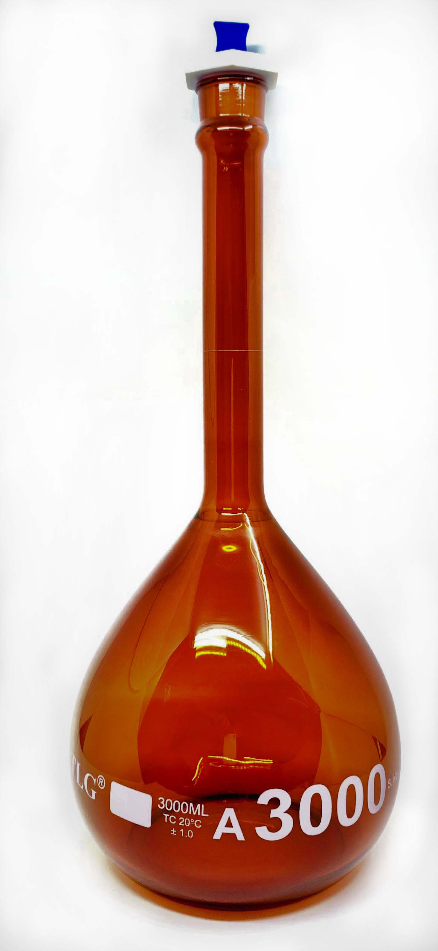 Volumetric Flask, Low Actinic Amber, 3000mL, Wide Mouth, PTFE Stopper#32, Class A, As Per USP Standards