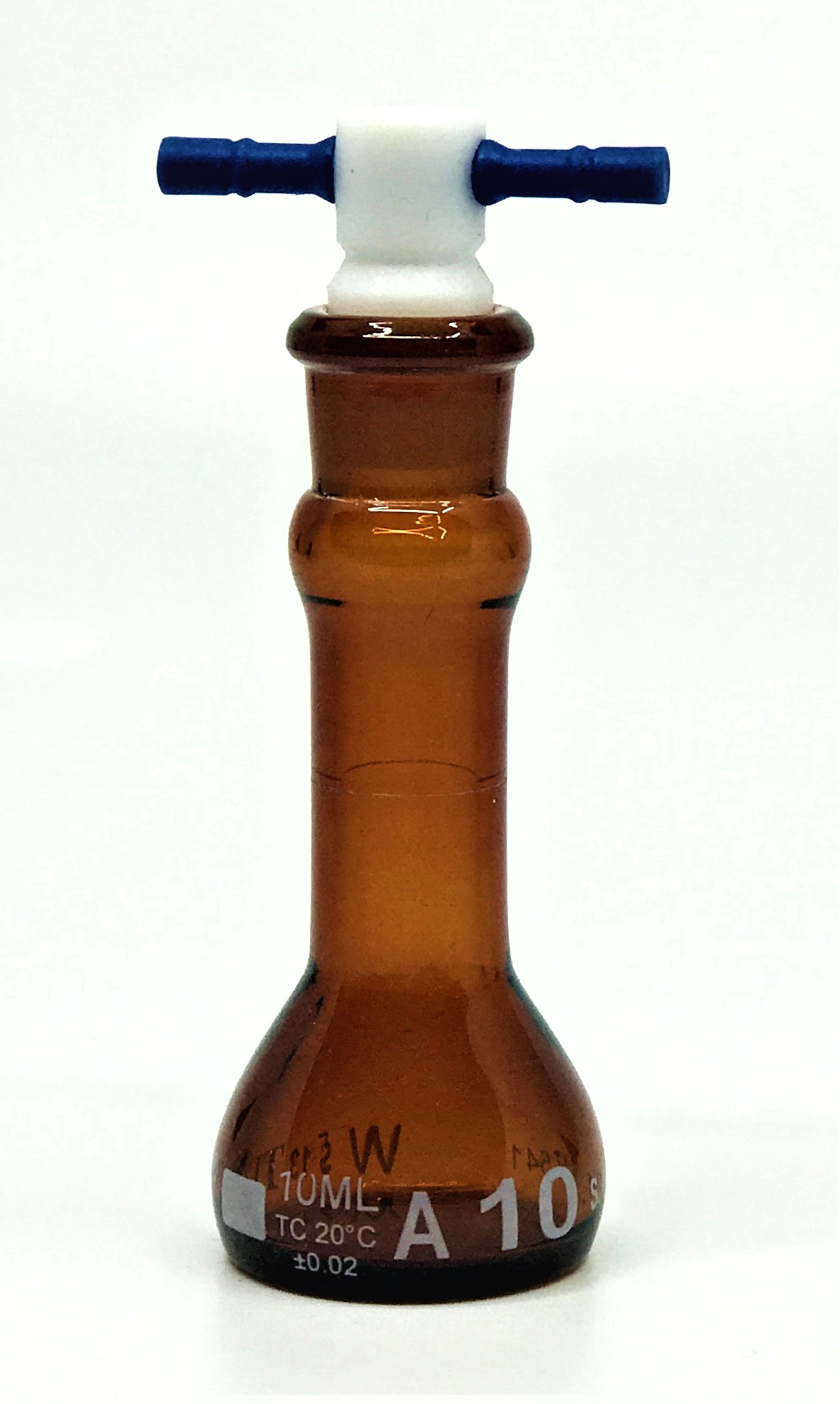 Serialized and Certified Volumetric Flask, Low Actinic Amber, 10mL, Wide Mouth, PTFE Stopper#13, Class A, As Per USP Standards