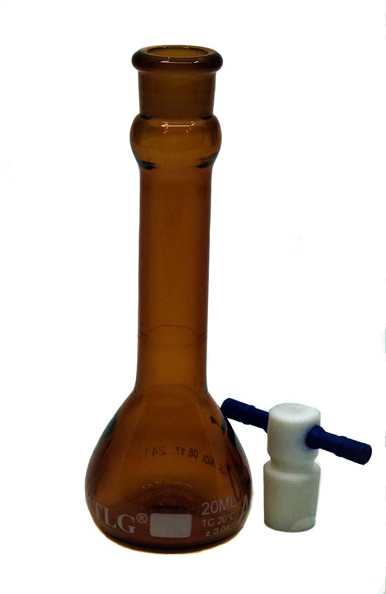 Volumetric Flask, Low Actinic Amber, 20mL, Wide Mouth, PTFE Stopper#13, Class A, As Per USP Standards
