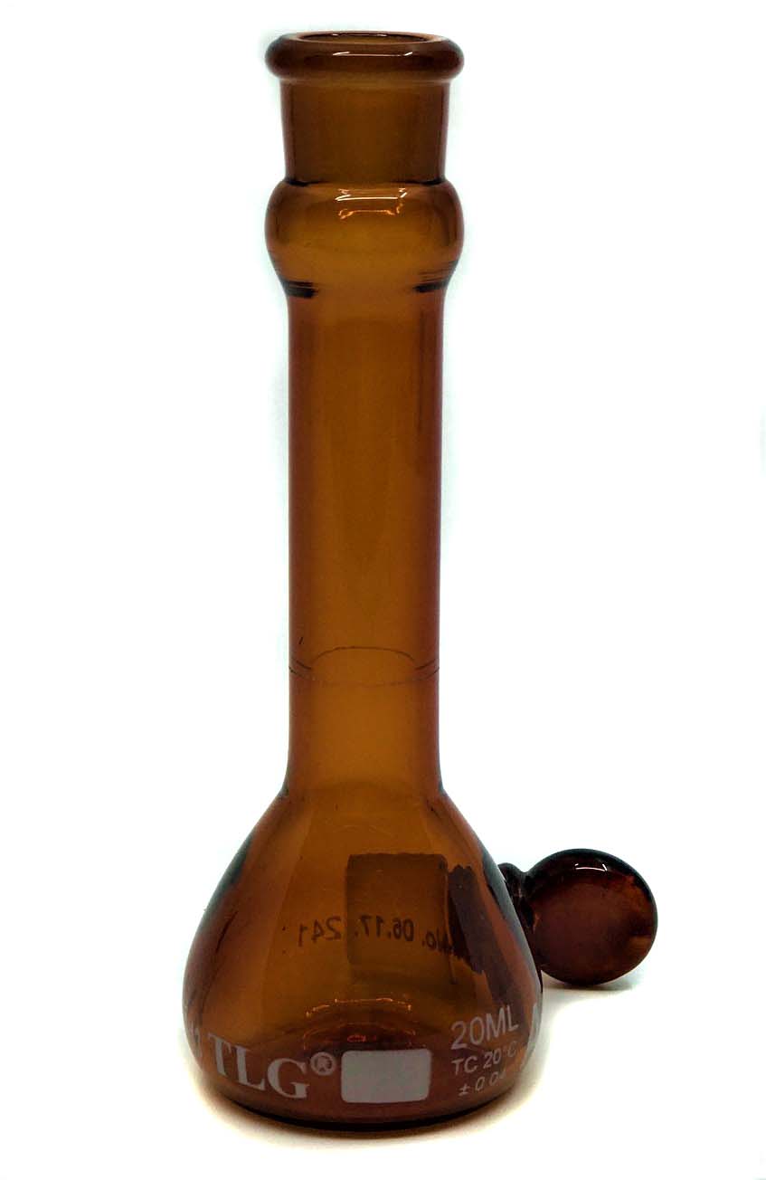Serialized and Certified Volumetric Flask, Low Actinic Amber, 20mL, Wide Mouth, Glass Stopper#13, Class A, As Per USP Standards
