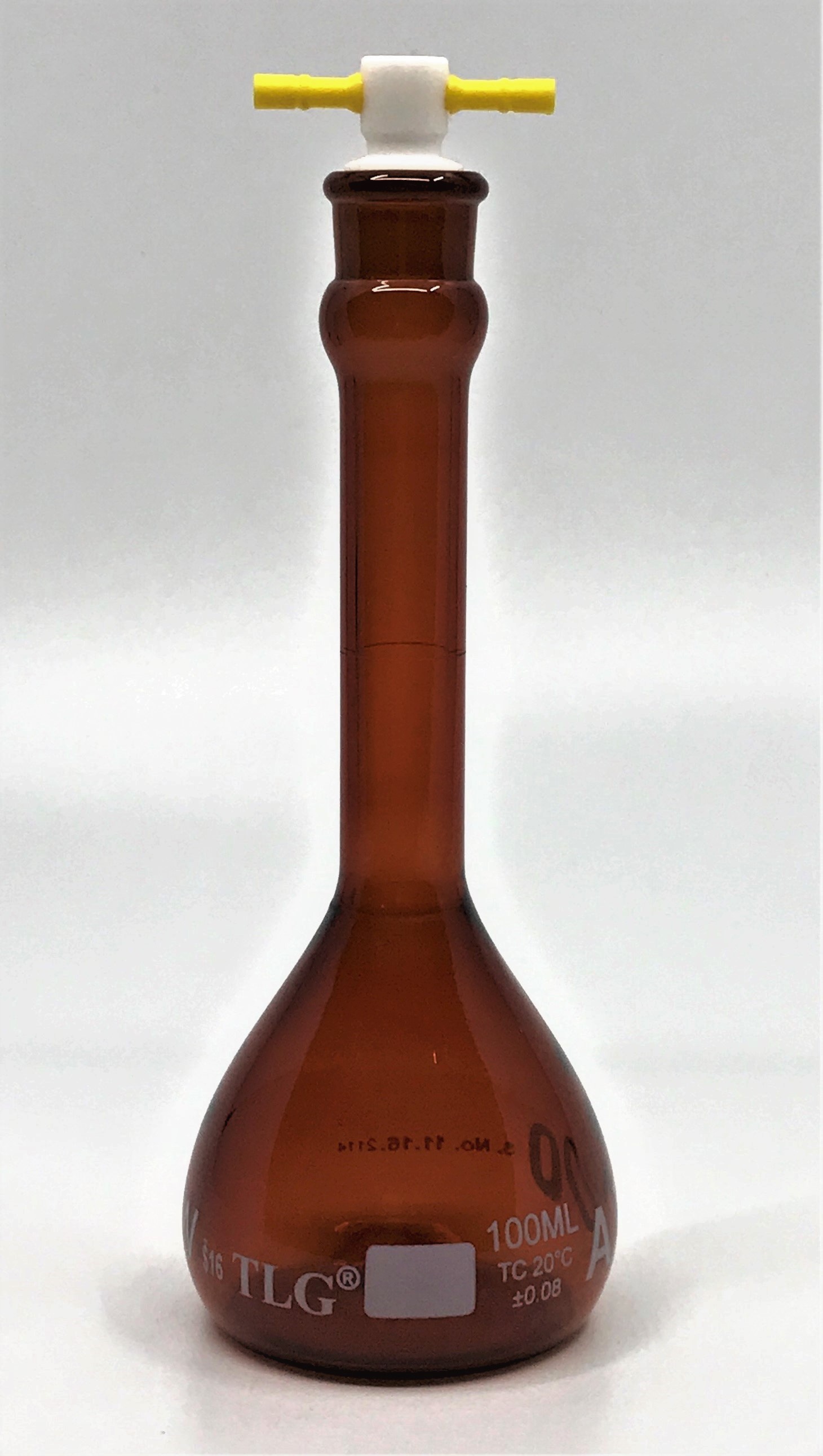 Serialized and Certified Volumetric Flask, Low Actinic Amber, 100mL, Wide Mouth, PTFE Stopper#16, Class A, As Per USP Standards