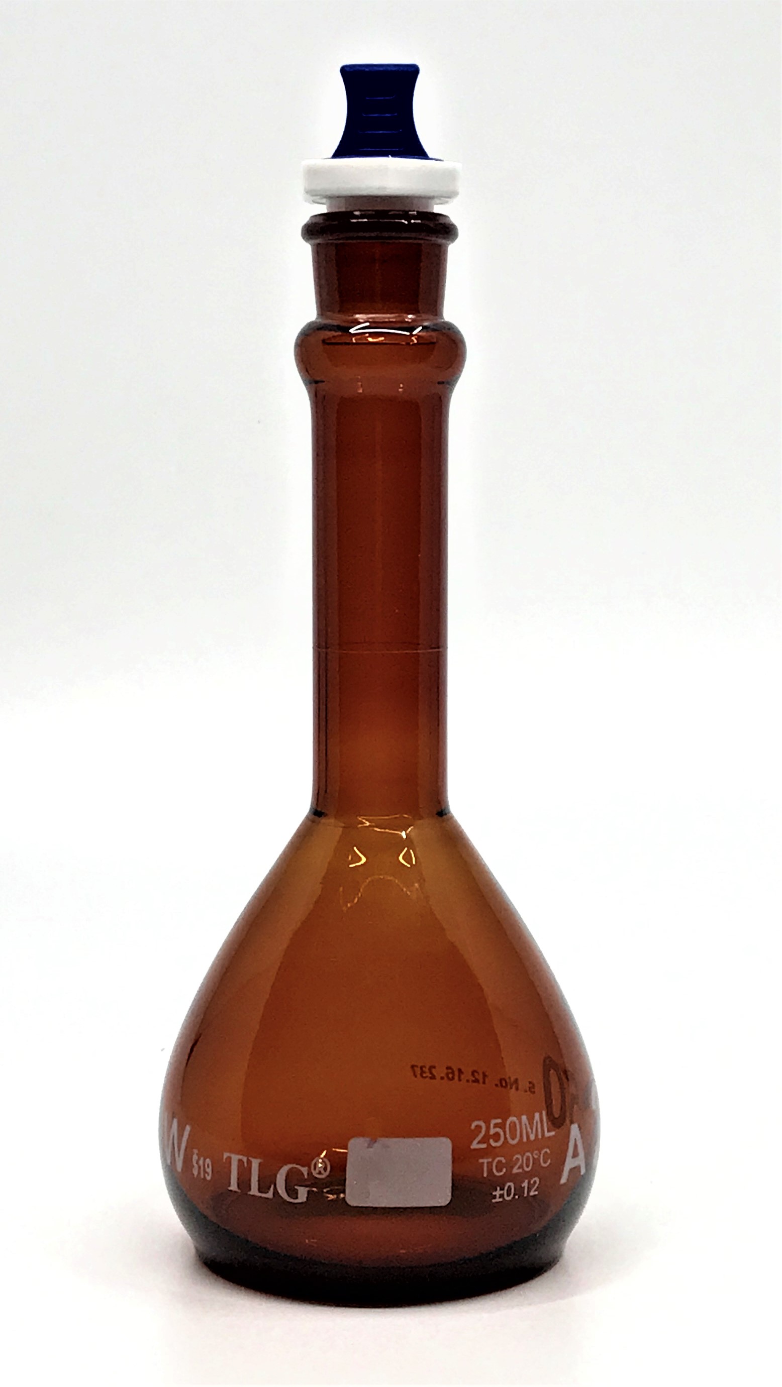 Serialized and Certified, Volumetric Flask, Low Actinic Amber, 250mL, Wide Mouth, PE Stopper#19, Class A, As Per USP Standards