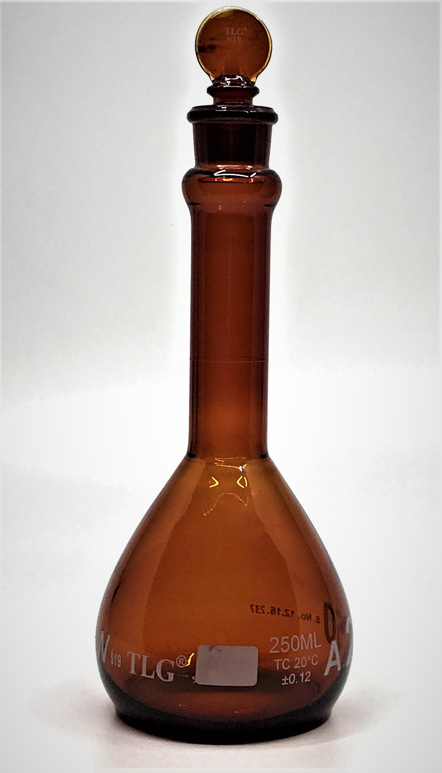 Serialized and Certified Volumetric Flask, Low Actinic Amber, 250mL, Wide Mouth, Glass Stopper#19, Class A, As Per USP Standards