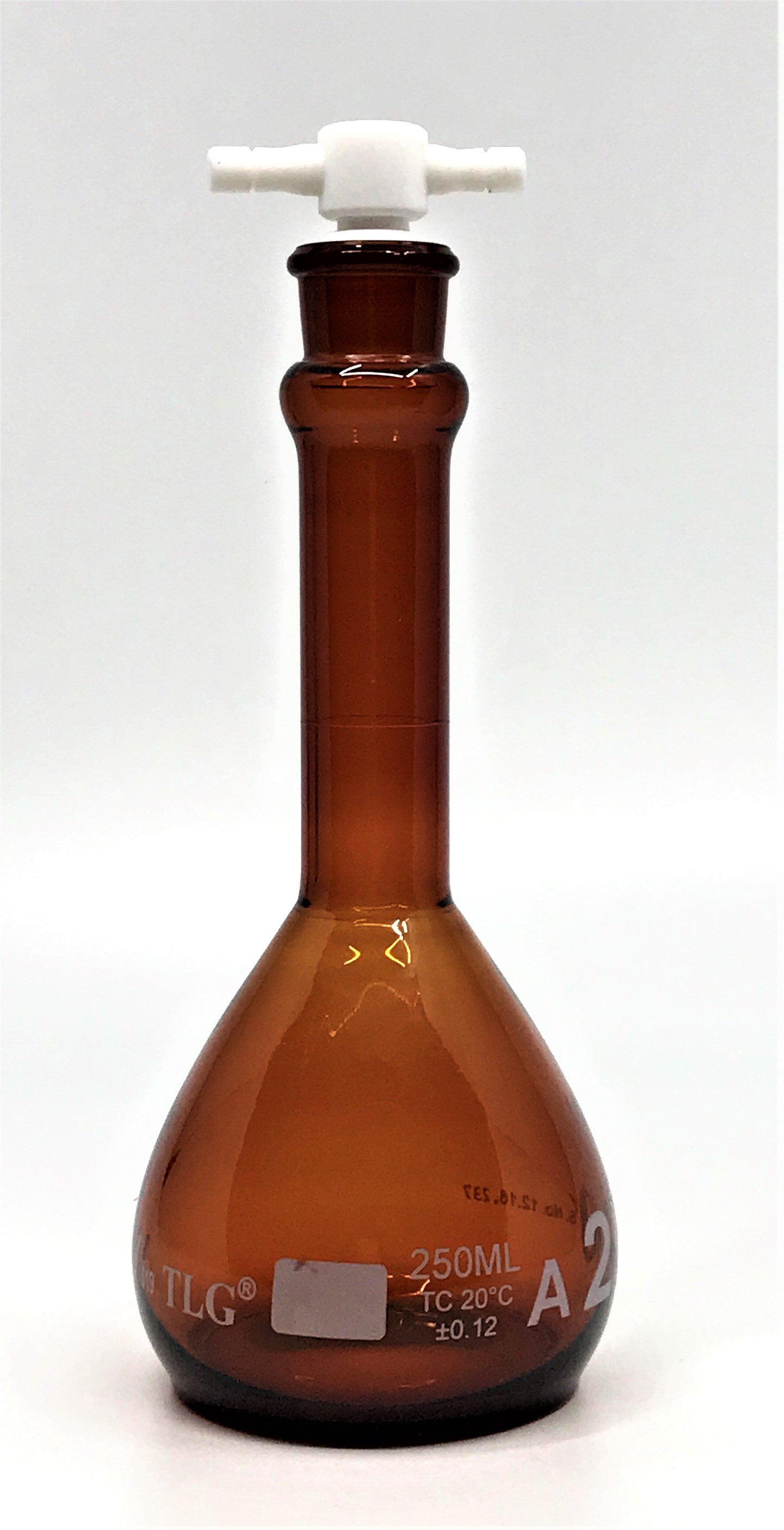 Serialized and Certified Volumetric Flask, Low Actinic Amber, 250mL, Wide Mouth, PTFE Stopper#19, Class A, As Per USP Standards