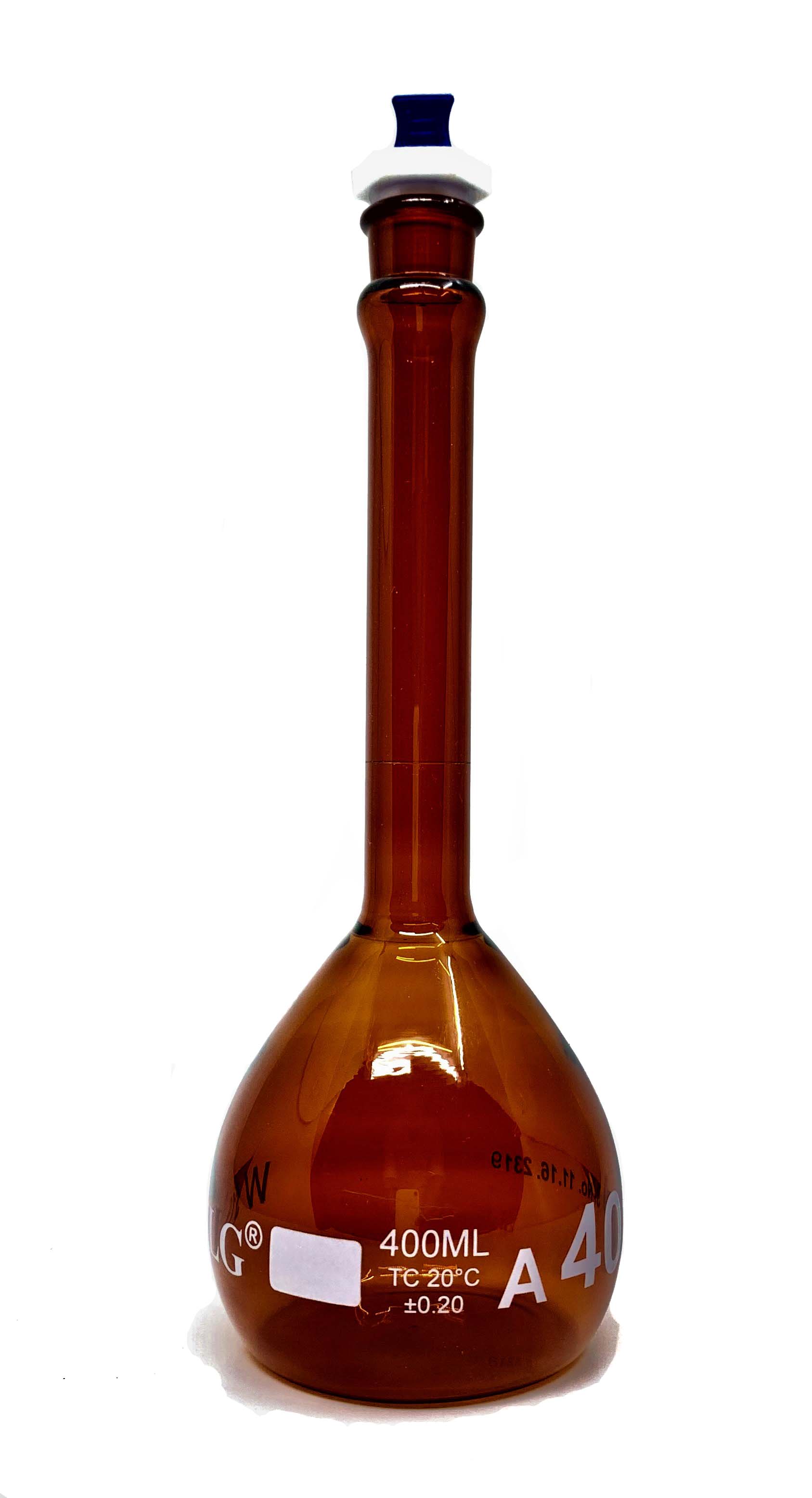 Volumetric Flask, Low Actinic Amber, 400mL, Wide Mouth, PE Stopper#19, Class A, As Per USP Standards