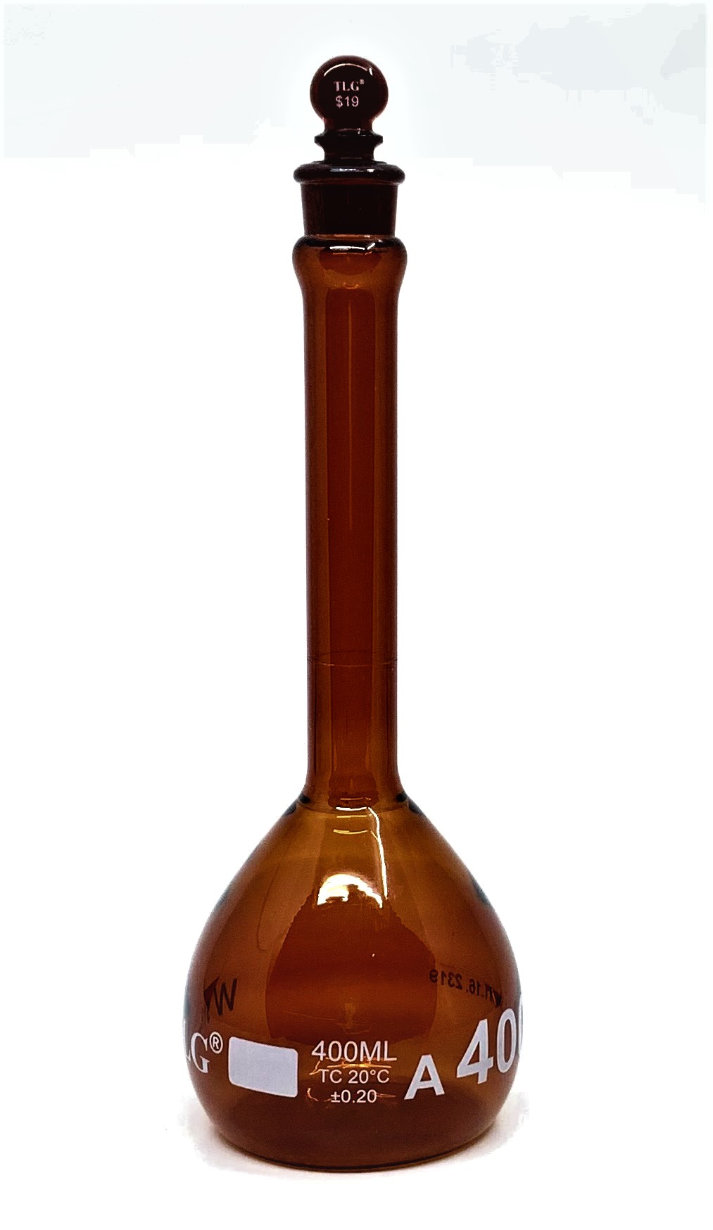 Volumetric Flask, Low Actinic Amber, 400mL, Wide Mouth, Glass Stopper#19, Class A, As Per USP Standards