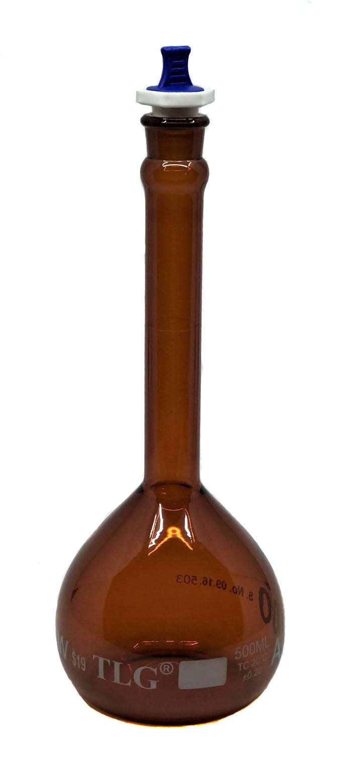 Volumetric Flask, Low Actinic Amber, 500mL, Wide Mouth, PE Stopper#19, Class A, As Per USP Standards
