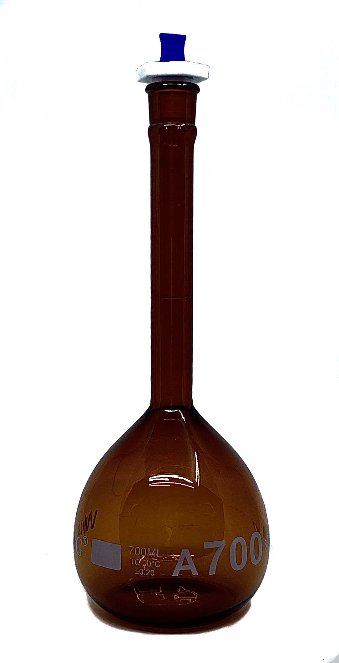 Serialized and Certified, Volumetric Flask, Low Actinic Amber, 700mL, Wide Mouth, PE Stopper#22, Class A, As Per USP Standards