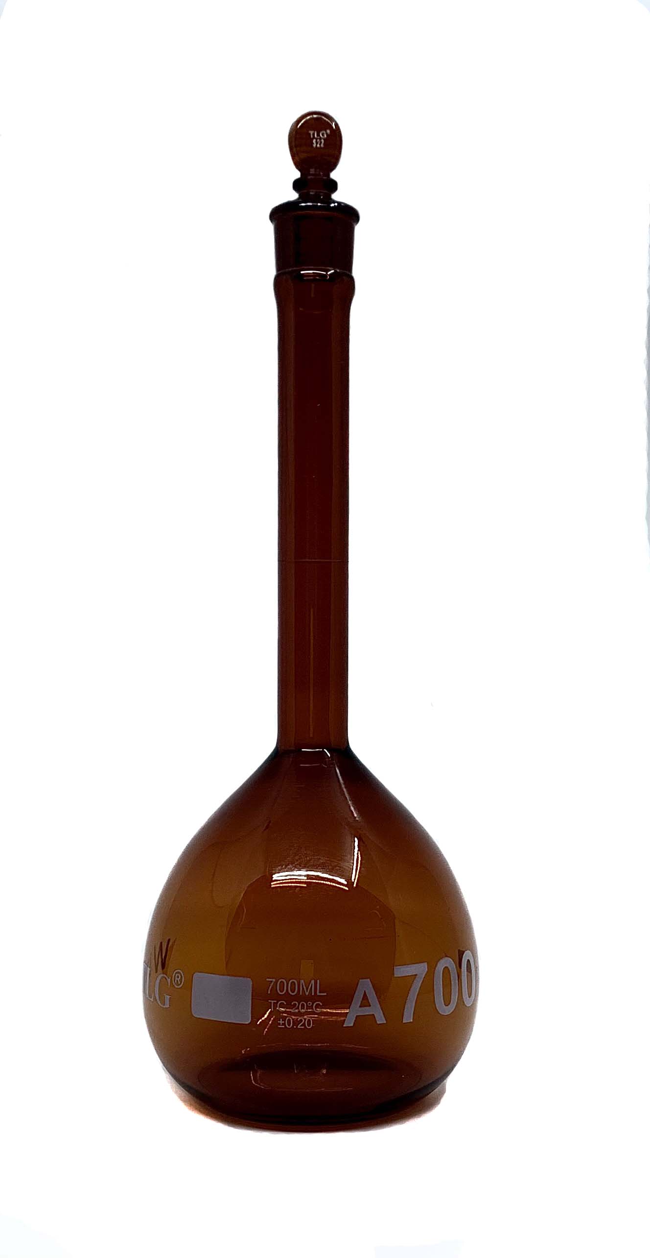 Serialized and Certified Volumetric Flask, Low Actinic Amber, 700mL, Wide Mouth, Glass Stopper#22, Class A, As Per USP Standards