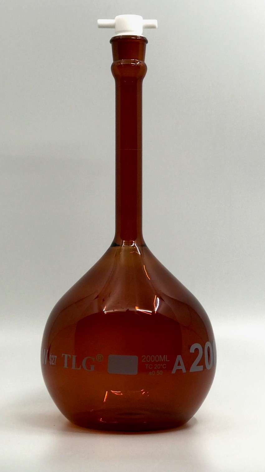 Serialized and Certified Volumetric Flask, Low Actinic Amber, 2000mL, Wide Mouth, PTFE Stopper#27, Class A, As Per USP Standards