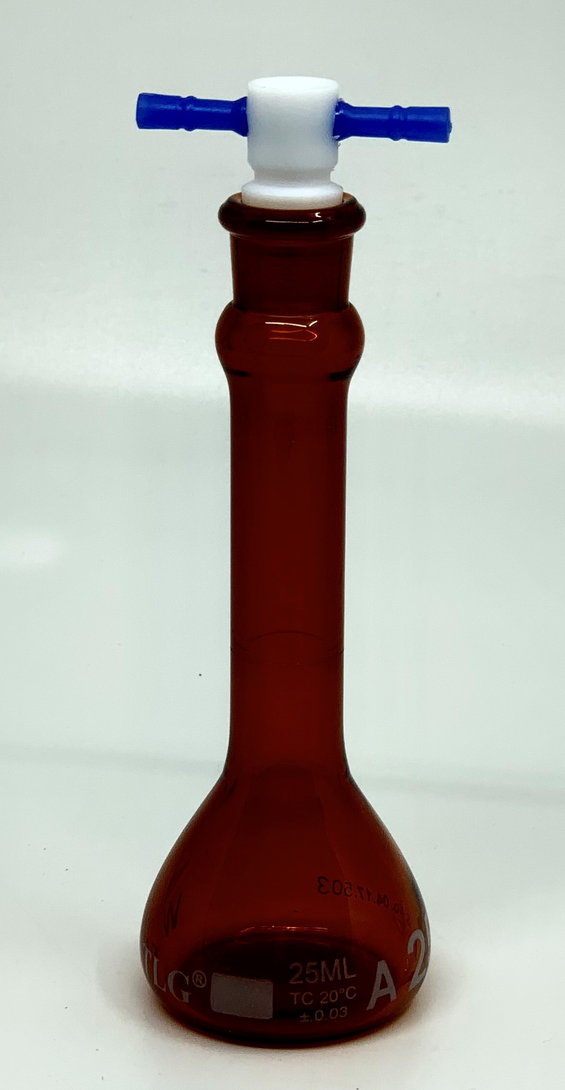 Serialized and Certified Volumetric Flask, Low Actinic Amber, 25mL, Wide Mouth, PTFE Stopper#13, Class A, As Per USP Standards