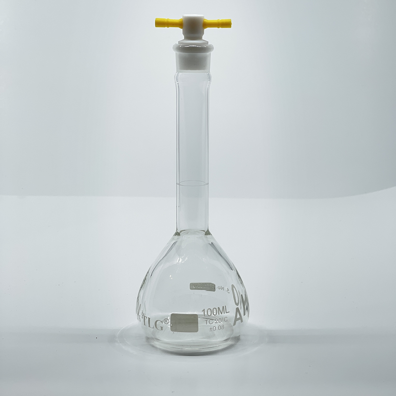 Volumetric Flask, 100mL, Serialized and Certified, Heavy Duty, Wide Mouth, Clear, PTFE Stopper# 16, Class A, As Per USP Standards