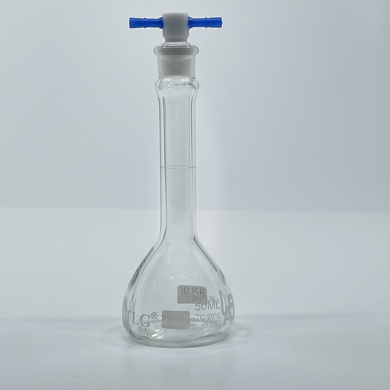 Volumetric Flask, 50mL, Serialized and Certified, Heavy Duty, Wide Mouth, Clear, PTFE Stopper# 13, Class A, As Per USP Standards