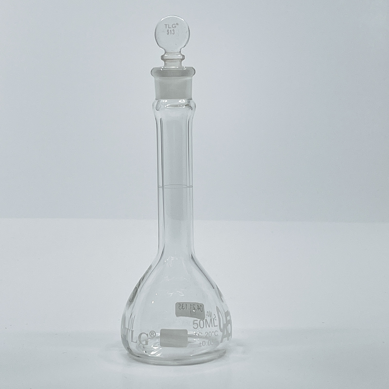 Volumetric Flask, 50mL, Serialized and Certified, Heavy Duty, Wide Mouth, Clear, Glass Stopper# 13, Class A, As Per USP Standards