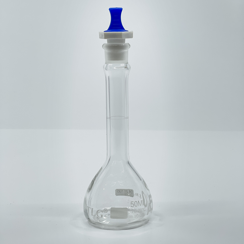 Volumetric Flask, 50mL, Heavy Duty, Wide Mouth, Clear, PE Stopper# 13, Class A, As Per USP Standards