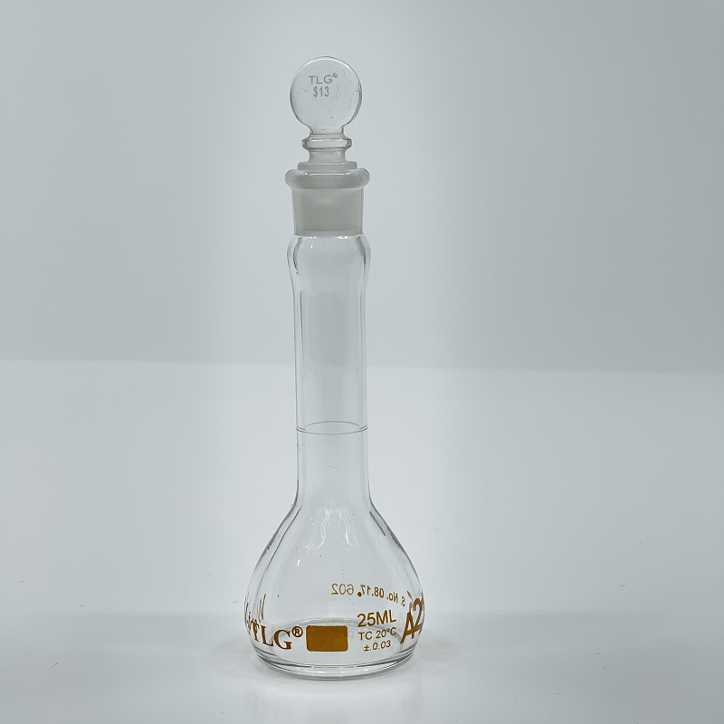 Volumetric Flask, 25mL, Serialized and Certified, Heavy Duty, Wide Mouth, Clear, Glass Stopper# 13, Class A, As Per USP Standards