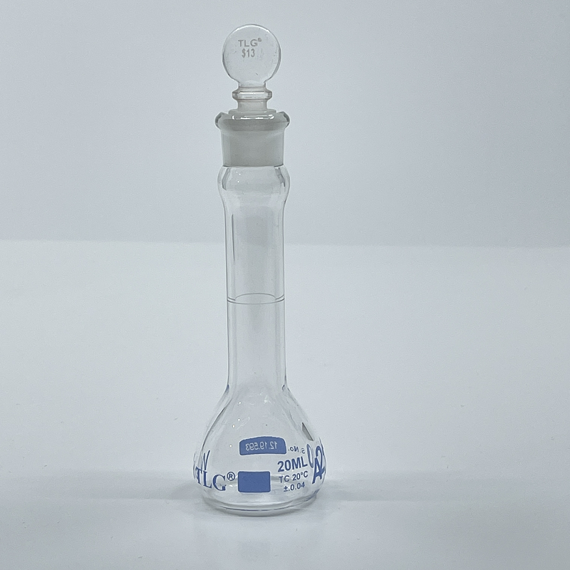 Volumetric Flask, 20mL, Serialized and Certified, Heavy Duty, Wide Mouth, Clear, Glass Stopper# 13, Class A, As Per USP Standards