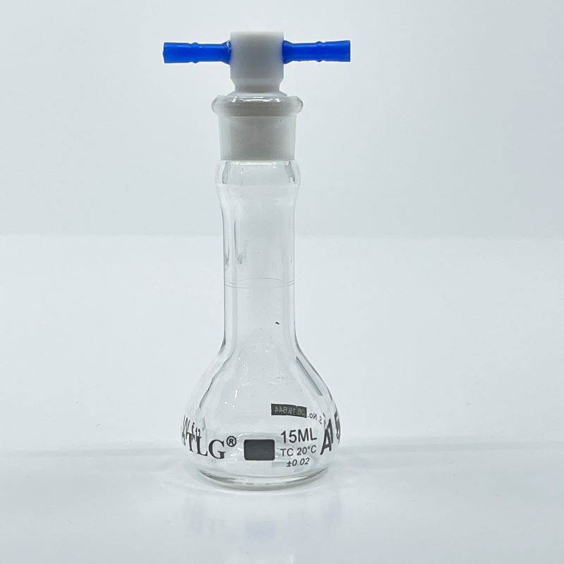 Volumetric Flask, 15mL, Serialized and Certified, Heavy Duty, Wide Mouth, Clear, PTFE Stopper# 13, Class A, As Per USP Standards