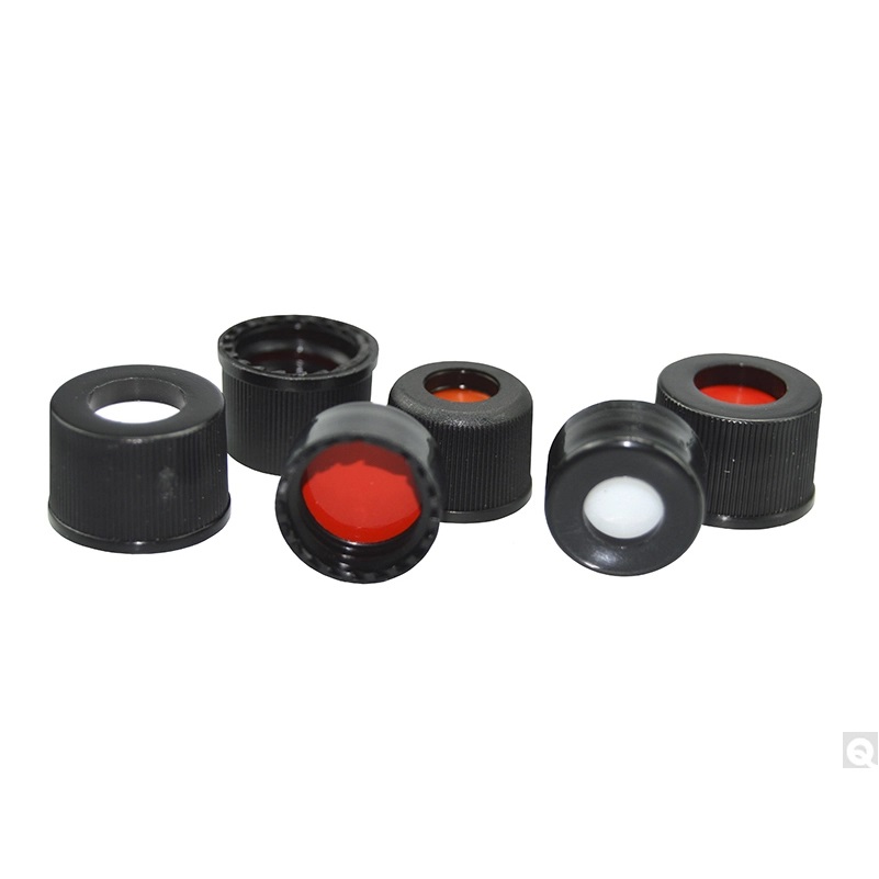 Black polypropylene open top screw cap andsepta, size 10-425 with Red PTFE/ White silicone
