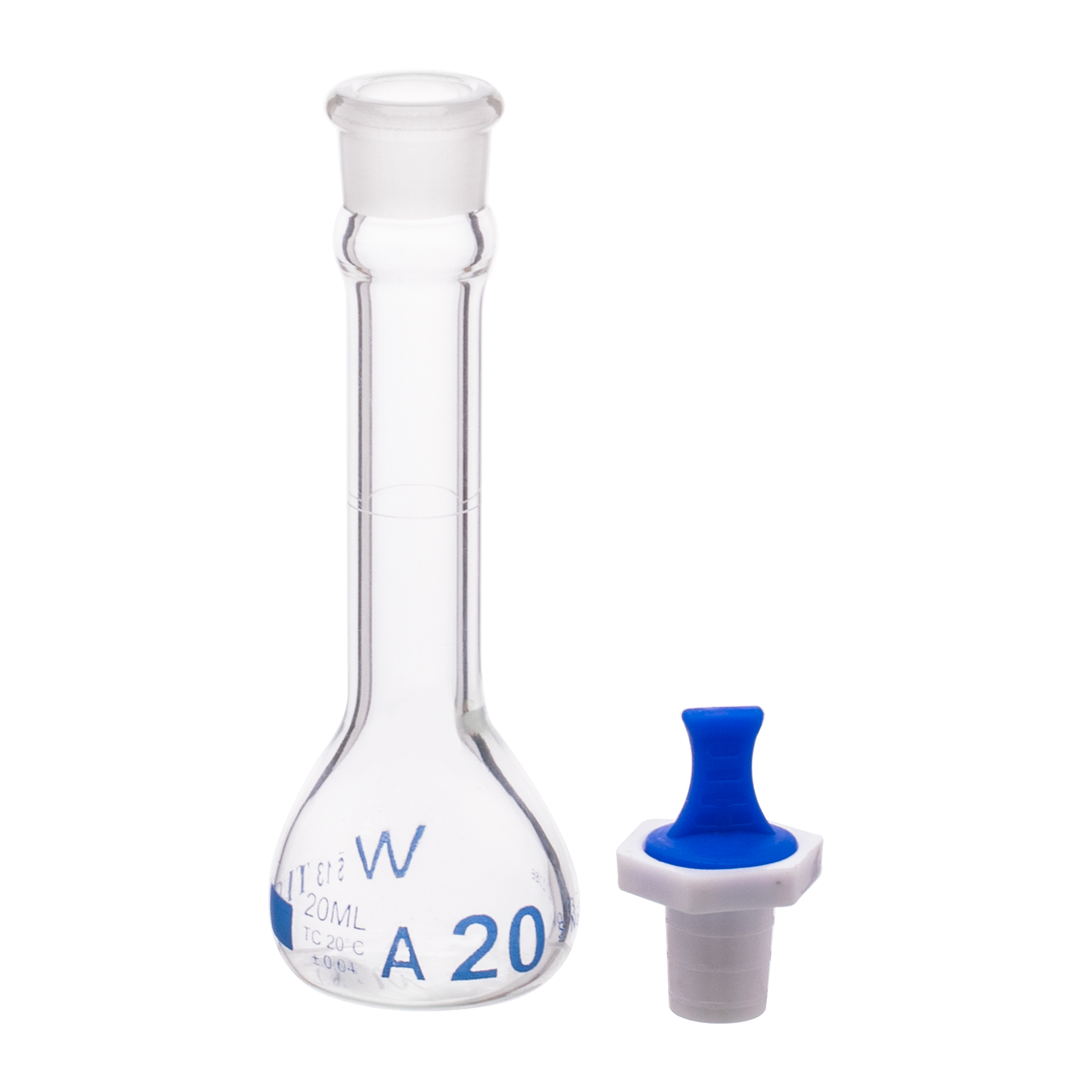 Volumetric Flask, 20mL, Serialized and Certified, Heavy Duty, Wide Mouth, Clear, PE Stopper# 13, Class A, As Per USP Standards