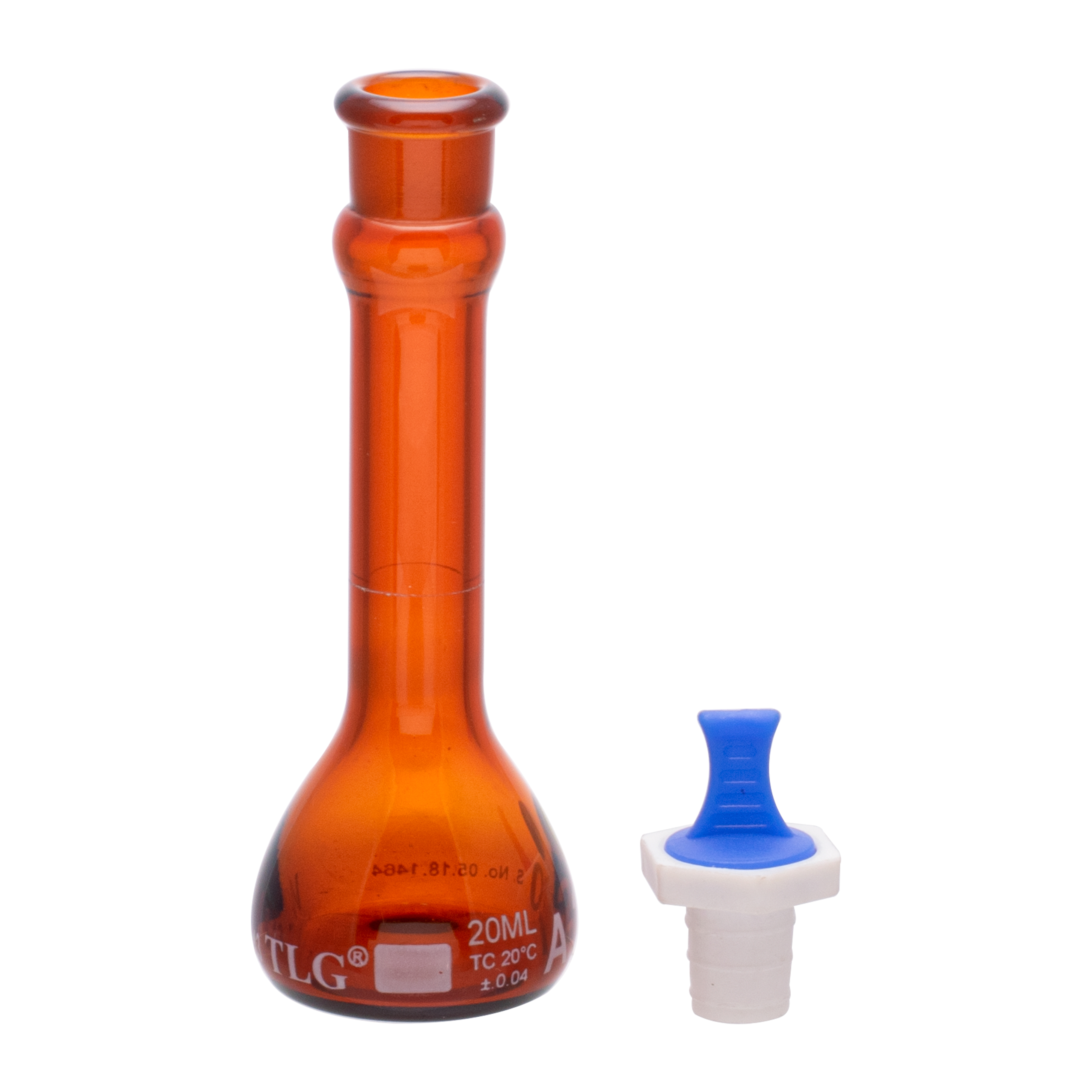 Serialized and Certified, Volumetric Flask, Low Actinic Amber, 10mL, Wide Mouth, PE Stopper#13, Class A, As Per USP Standards