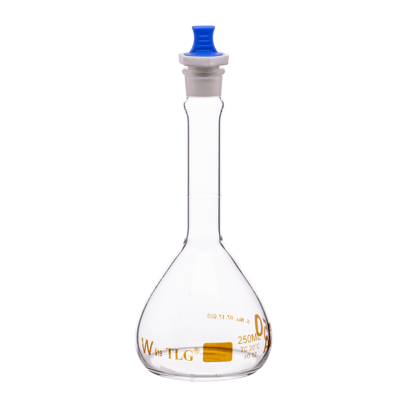 Volumetric Flask, 250mL, Heavy Duty, Clear, Wide Mouth, PE Stopper# 19, Class A, As Per USP Standards