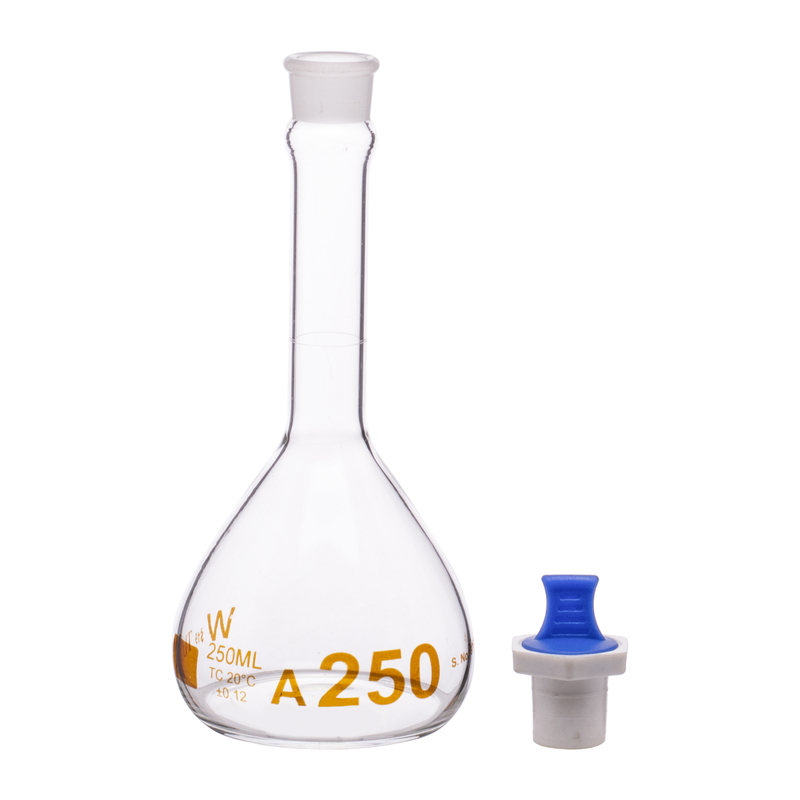 Volumetric Flask, 250mL, Heavy Duty, Clear, Wide Mouth, PE Stopper# 19, Class A, As Per USP Standards