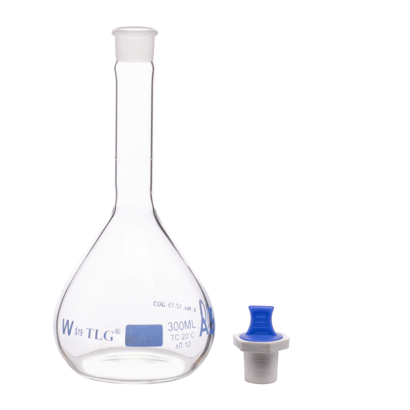 Fiole jaugée, 300 ml, robuste, à large ouverture, transparente, bouchon en verre n° 19, classe A, selon les normes USP