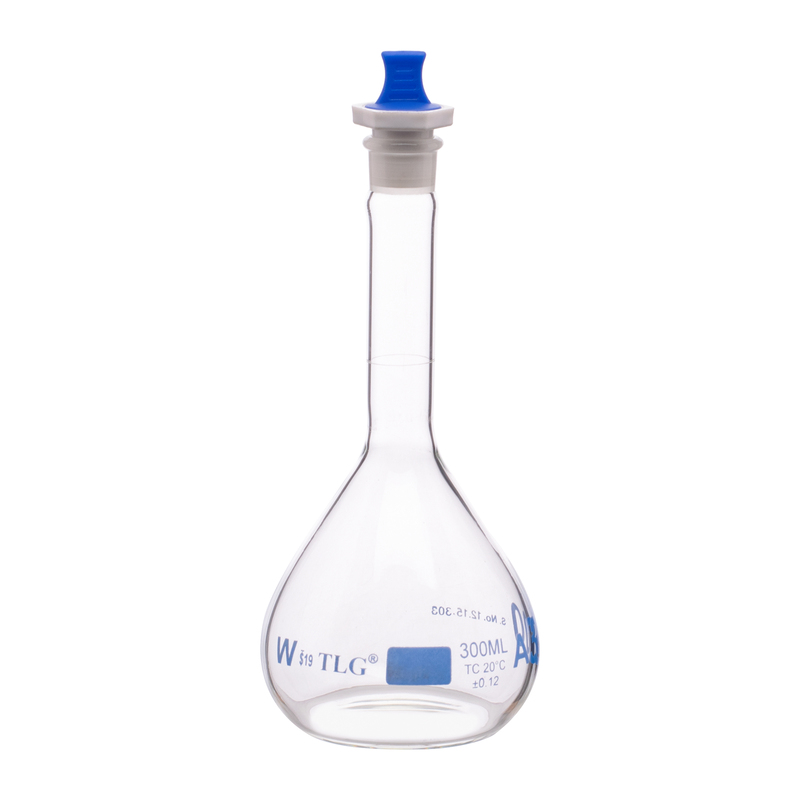 Fiole jaugée, 300 ml, robuste, à large ouverture, transparente, bouchon en verre n° 19, classe A, selon les normes USP