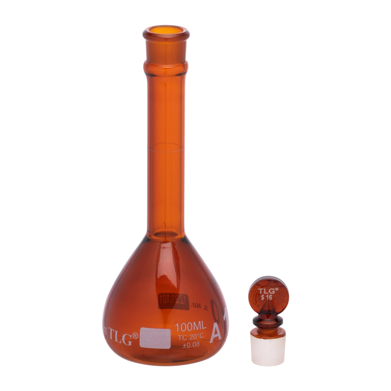 Volumetric Flask, Low Actinic Amber, 100mL, Wide Mouth, Glass Stopper#16, Class A, As Per USP Standards
