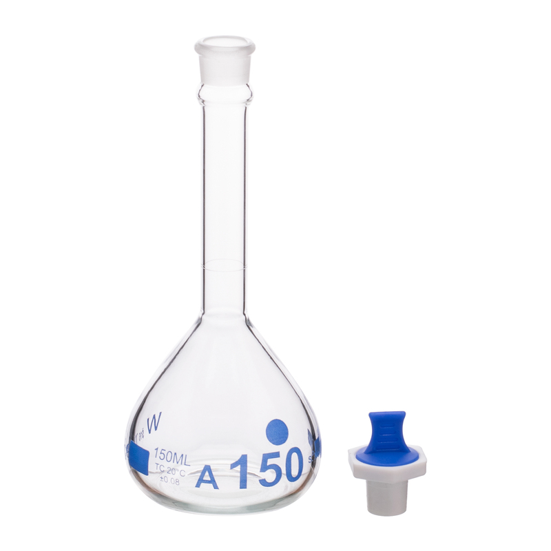 Volumetric Flask, 150mL, Heavy Duty, Clear, Wide Mouth, PE Stopper# 16, Class A, As Per USP Standards