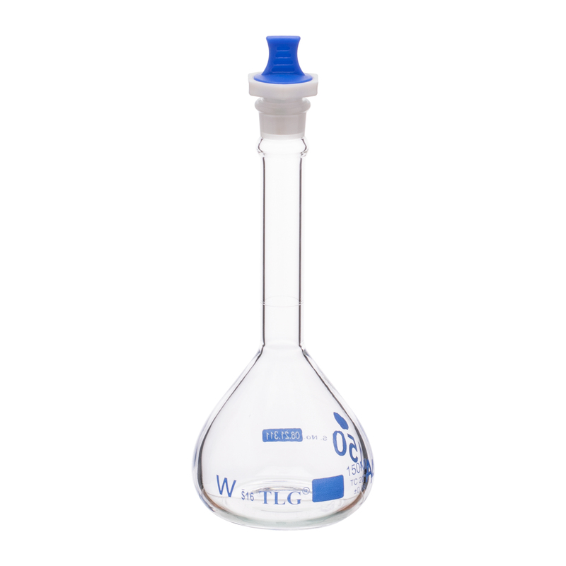 Volumetric Flask, 150mL, Heavy Duty, Clear, Wide Mouth, PE Stopper# 16, Class A, As Per USP Standards