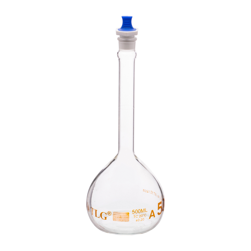 Volumetric Flask, 500mL, Heavy Duty, Wide Mouth, Clear, PE Stopper# 19, Class A, As Per USP Standards
