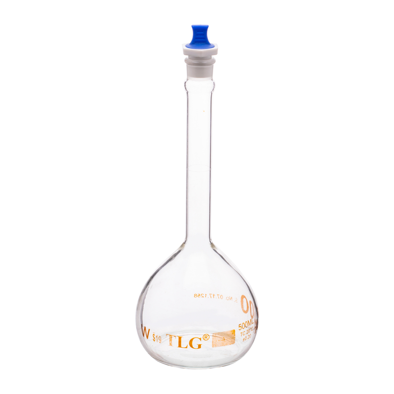 Volumetric Flask, 500mL, Heavy Duty, Wide Mouth, Clear, PE Stopper# 19, Class A, As Per USP Standards