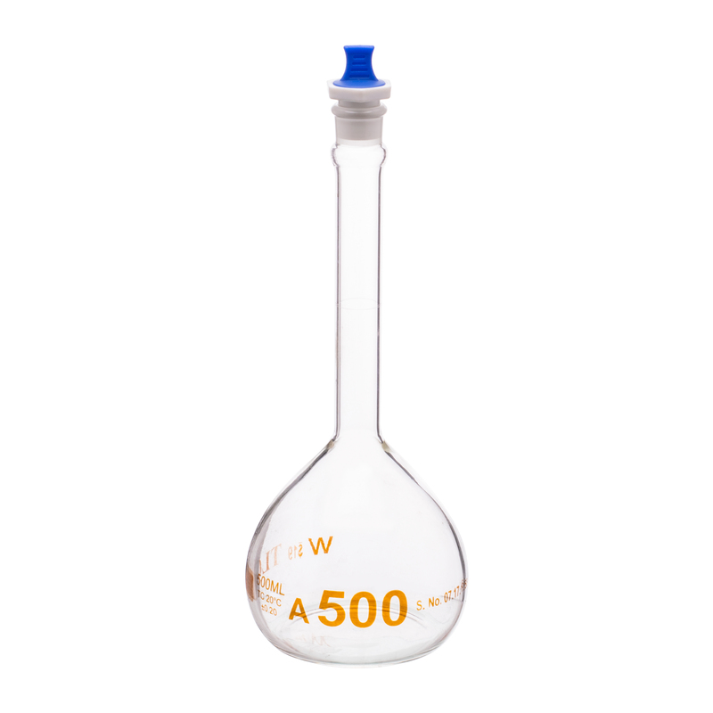 Volumetric Flask, 500mL, Heavy Duty, Wide Mouth, Clear, PE Stopper# 19, Class A, As Per USP Standards